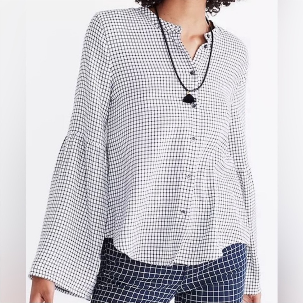 Madewell Flannel Shirt Women’s Checkered Black White Long Bell Sleeve EUC XS